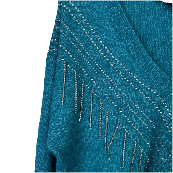 Broadway 38 Rhinestone Sweater Teal Blue M Long Sleeve NWT - Picture 3 of 10